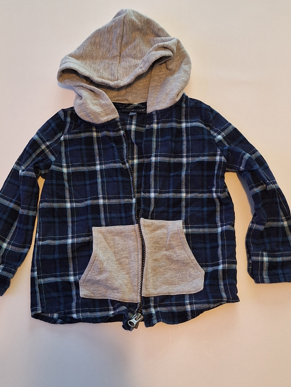 Andy & Evan Navy Plaid Hooded Zip Shirt Jacket with Gray Accents Size 3T